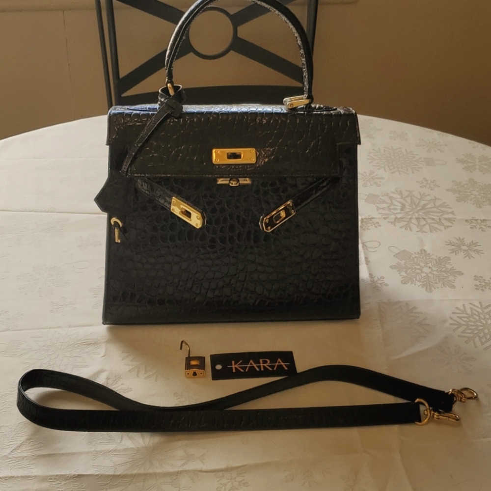 Black Kara Croco Embossed Leather Crossbody